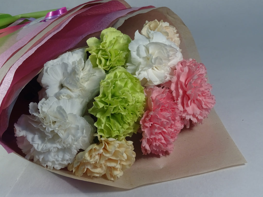 Carnation flowers bouquet, white, green pink and yellow