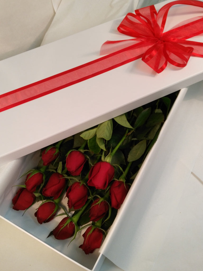 A dozen long-stemmed Roses in presentation long box.